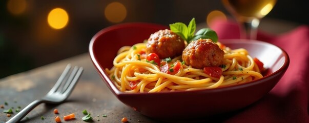 Heart-shaped bowl, spaghetti, meatballs, romantic dinner , foodphotography, Valentine's Day