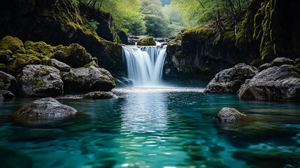 Fototapeta premium Tranquil Waterfall Scenery with Rocks and Lush Green Moss in a Dense Forest Environment