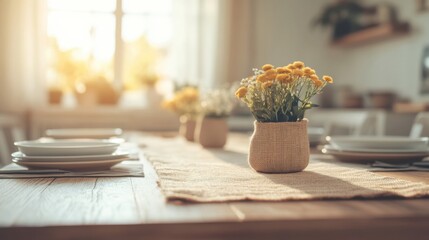 Warm Dining Room with Burlap Table Runner and Flowers