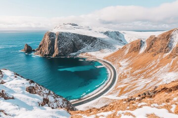 Winter wonderland coastal bay, snow-capped cliffs