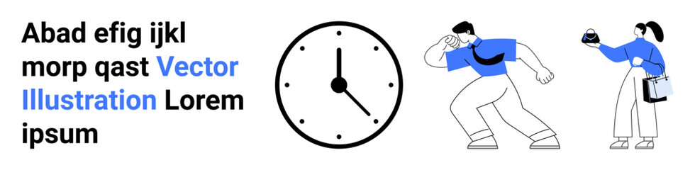 Clock symbolizing time, person holding stopwatch, another carrying documents. Ideal for productivity, time management, collaboration, organization, deadlines, task planning flat landing page banner