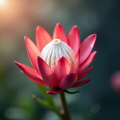 Fototapeta premium Beautiful protea sylvia flower against blurred background, flora, botanical