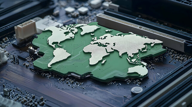 Green 3D World Map On A Dark Circuit Board With Electronic Components In A Close-Up Shot Highlighting Global Technology And Connectivity