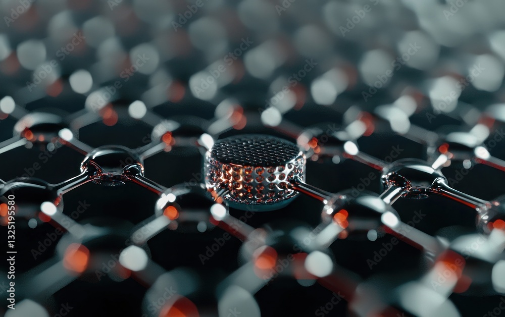 Poster microscopic view of a metallic structure with hexagonal pattern, glowing orange center, shallow dept