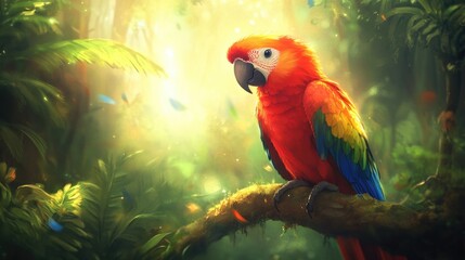 Fototapeta premium A Vibrant Red Parrot Perched On A Branch In Sunlight