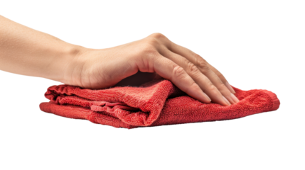 Housekeeper holding red cleaning cloth on transparent background