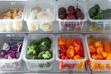 detailed color image of vegetables separated in clear plastic containers in a fridge