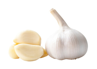 Side view of fresh white garlic bulbs with peeled garlic clove or pieces in stack isolated with clipping path in png file format