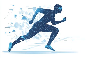 Obraz premium A geometric graphic of an athlete running, made up of simple triangles and squares in black color on a white background Generative AI
