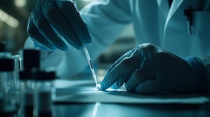 Fototapeta premium Scientist Using Pipette in Laboratory, Scientist in lab coat and gloves using pipette with test tubes
