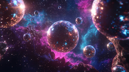 Obraz premium Glittering spheres floating in a cosmic expanse filled with colorful bokeh lights against a dark, starry background. Floating Lights. Illustration