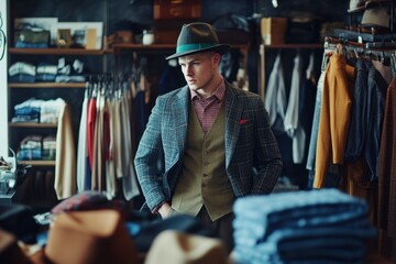 Man in Stylish Suit with Hat at Clothing Store - Fashion, Elegance, Style