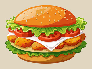 vector of  crispy chicken fillet topped with lettuce, tomato, and mayo, served on a toasted brioche bun