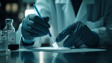 Fototapeta premium Scientist Using Pipette in Laboratory, Scientist in lab coat and gloves using pipette with test tubes