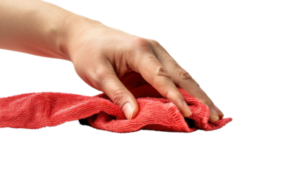 Hand wiping surface with red microfiber cloth on transparent background