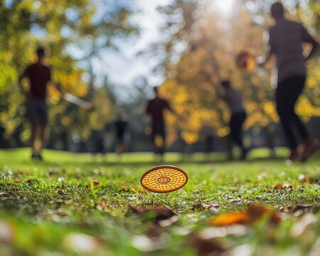 A group of friends playing frisbee golf in a sunny park, Outdoor Sports, Fun and competitive