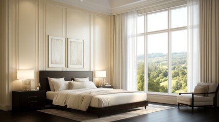 Obraz premium An elegant bedroom with light cream wall panels, a dark wood headboard, and a soft ivory bed frame