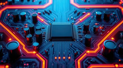 Close-up of Circuit Board with Bright Lights and Technology Elements