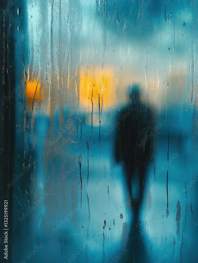 Poster melancholic reflections with raindrops on the window and a distant lonely figure in soft blue and gr