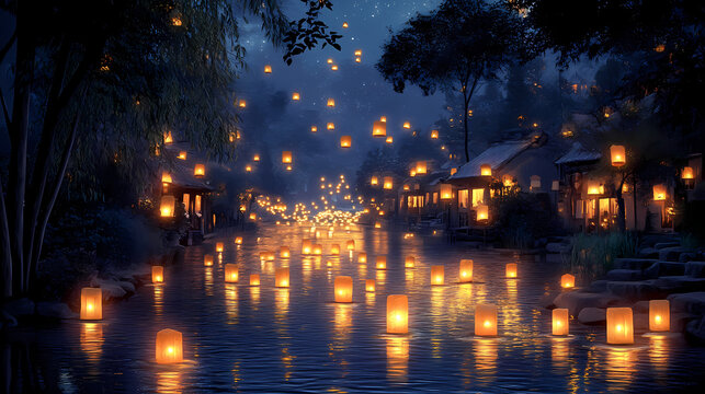 A beautifully lit night scene with lanterns floating down a peaceful river in an asian village. Floating Lights. Illustration