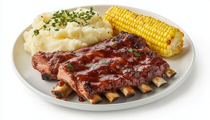 Delicious Barbecue Ribs Served with Creamy Mashed Potatoes and Sweet Corn on the Cob on a Rustic Plate, Perfect for a Summer Feast or Family Gathering.
