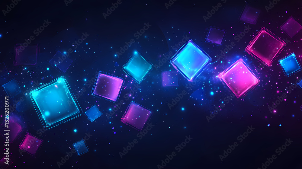 Wall mural abstract digital background featuring floating blue and purple cubes in a dark space, creating a fut