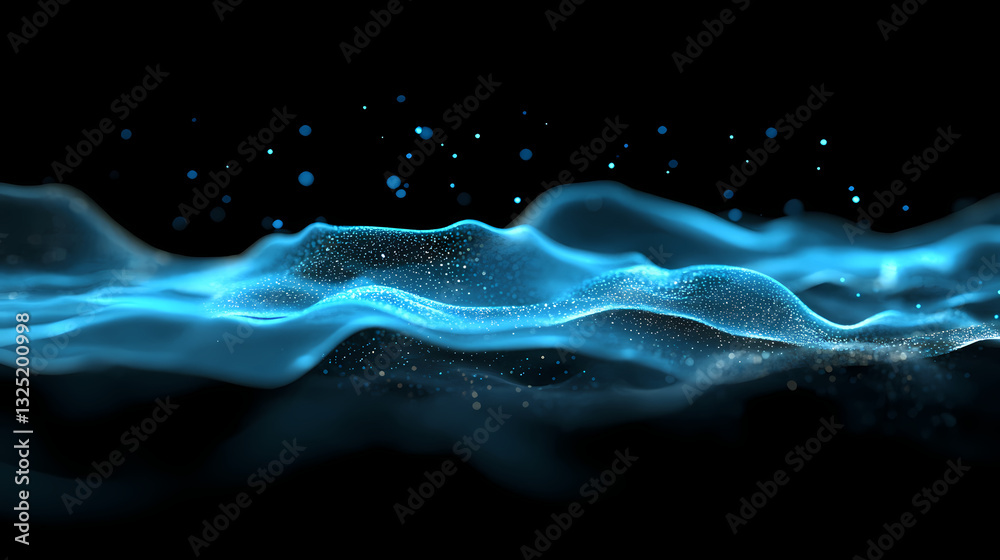 Wall mural abstract floating particles in soft blue light with dark background. floating lights. illustration