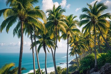 Fototapeta premium Lush Palm Trees and Tranquil Ocean Views on a Tropical Coastline