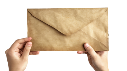 Hands holding old brown envelope on transparent background