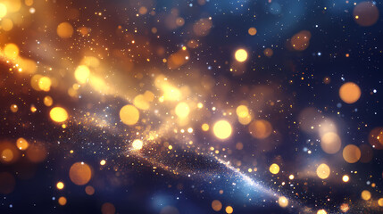 Abstract luxury background with floating golden particles and bokeh lights creating ethereal patterns in deep space. Floating Lights. Illustration