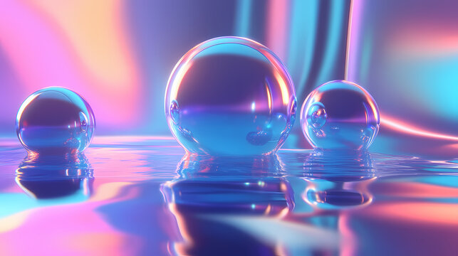 Abstract iridescent spheres floating on a reflective surface within a futuristic environment. Floating Lights. Illustration