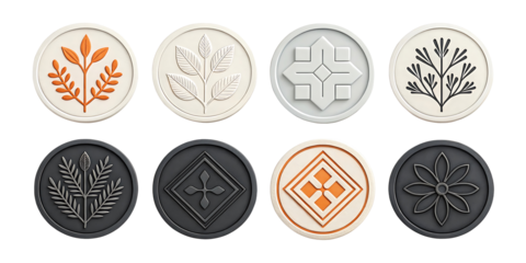 A collection of ten circular tokens arranged in two neat rows on a clean white background.