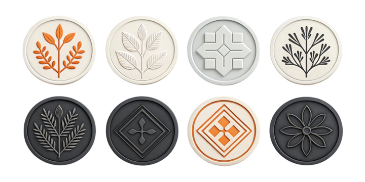 A collection of ten circular tokens arranged in two neat rows on a clean white background.