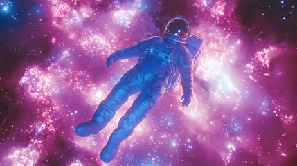 Astronaut in a blue spacesuit floats in a galaxy of pink and blue light. Floating Lights. Illustration