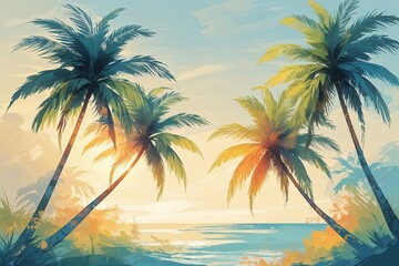 Fototapeta premium Serene Summer Landscape with Palm Trees Gentle Sunlight and Smooth Brush Strokes for Calming Seasonal Designs