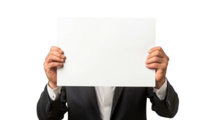 Businessman holding blank white sign on transparent background