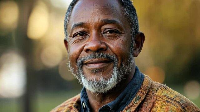 Gentle smile transformation of a mature man in a sunlit park setting