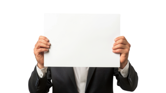Businessman holding blank white sign on transparent background