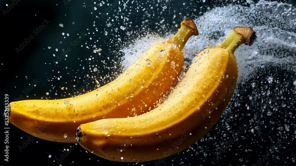 Poster in a striking 4k display, two ripe bananas burst through water droplets, creating an explosion of fr