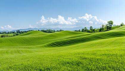 Lush green fields rolling hills under a clear blue sky