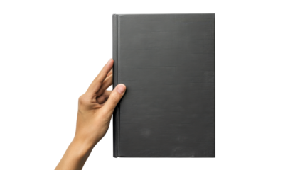 Hand holding black book with transparent background