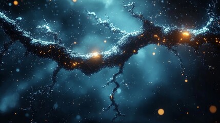 Abstract representation of a cosmic environment with glowing particles, dark background, and intricate branching structures evoking the universe's mysteries
