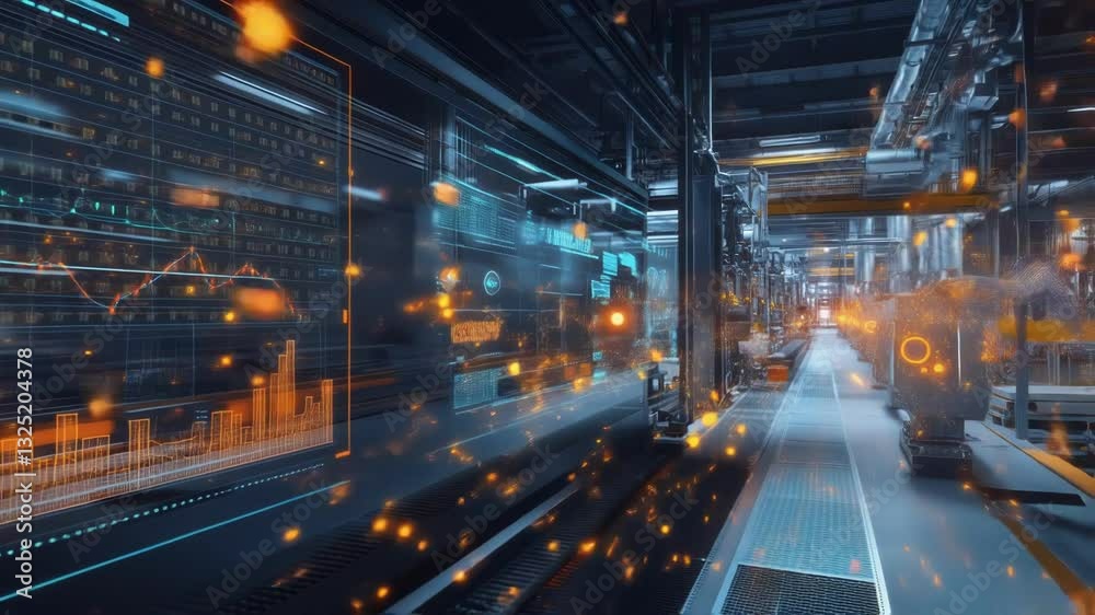 Poster futuristic digital interface displays real time production data and analytics within a modern, autom