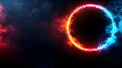 Glowing Neon Circle Surrounded By Red And Blue Smoke Against A Dark Background