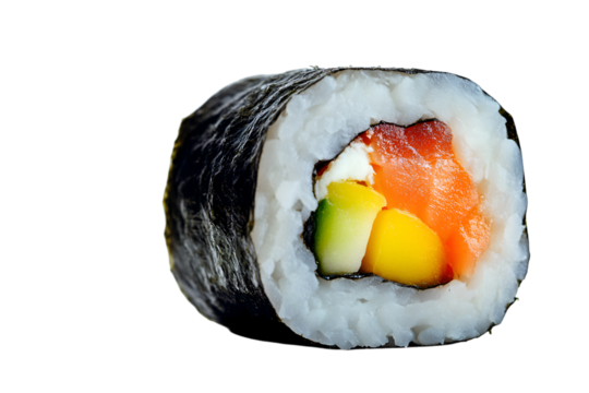 Fresh Sushi Roll with Salmon, Avocado, and Mango Isolated on a Transparent Background. Close-up of a delicious maki roll wrapped in nori, perfect for food photography, menus, and branding.