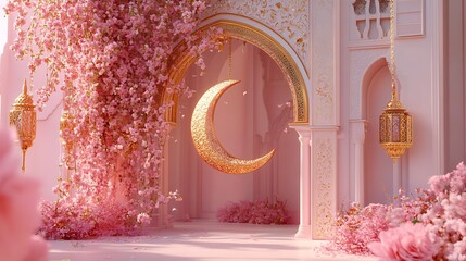 Magical Crescent Moon with Pink Flowers for Ramadan / ラマダンを祝う、ピンクの花と魔法のような三日月