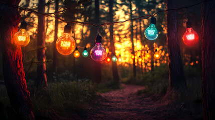 String of colorful light bulbs with vibrant glowing designs in a serene forest at sunset. Serene Luminescence. Illustration