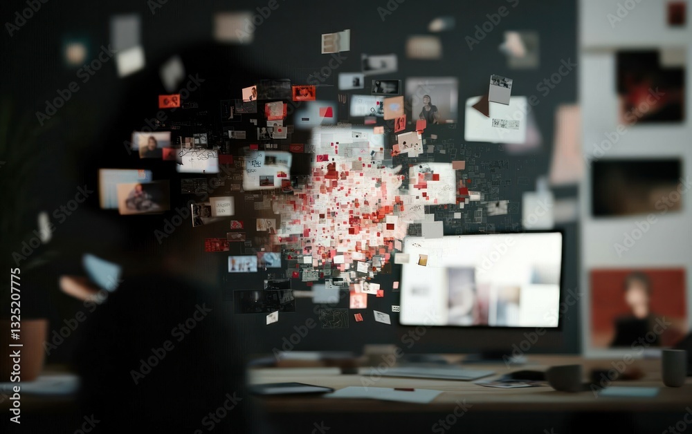 Fototapete Abstract image depicting a person surrounded by a flurry of fragmented digital images in a dark workspace. The overall atmosphere is one of immersion and data overload