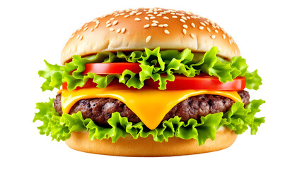 Close-up of a delicious cheeseburger on transparent background PNG. A mouth-watering close-up of a cheeseburger 