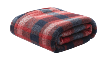 Cozy red and blue plaid blanket neatly folded, cut out. Isolated on a transparent background.